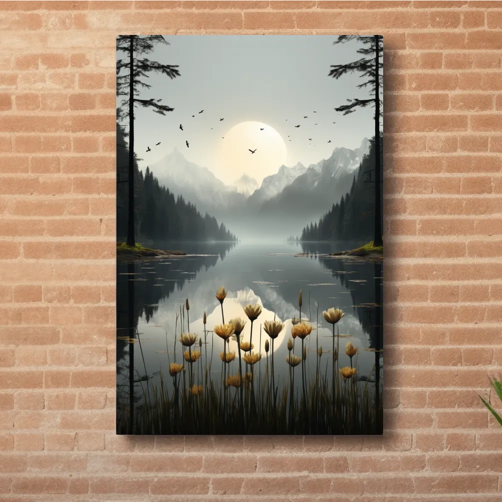 Flowers on the misty alpine lake shore, photographic illustration