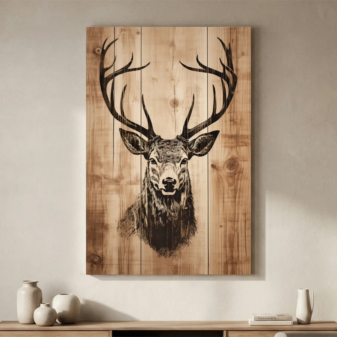 Rustic Deer Head Woodburn Style Portrait - Lodge Cabin Wildlife Wall Art