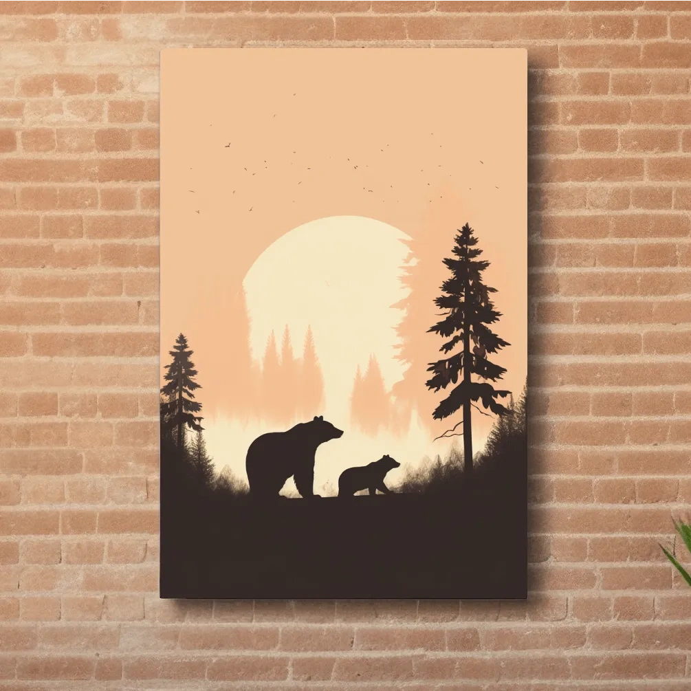 Minimal silhouette art illustration of a mama bear and her cub