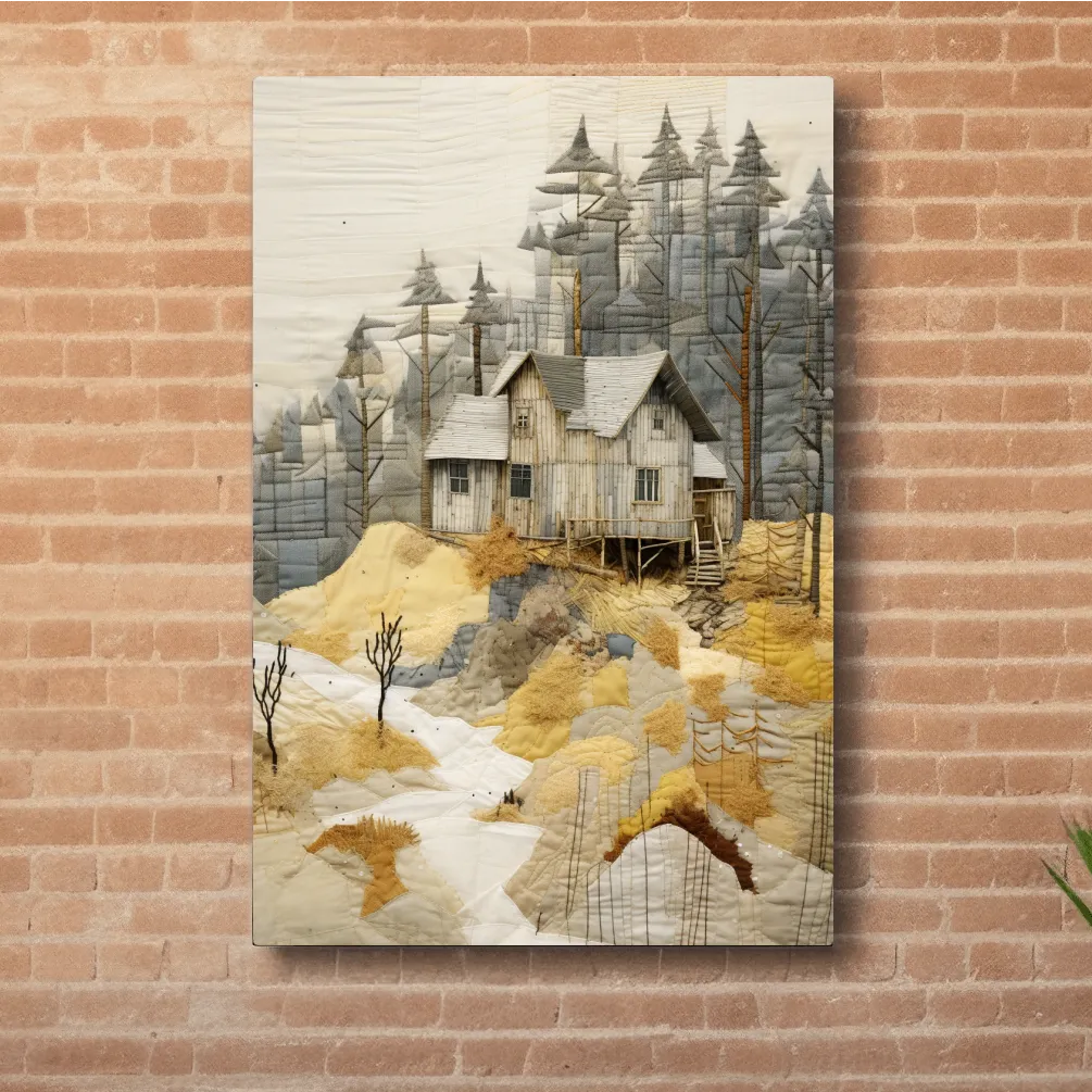 Rustic Woodland Cabin Landscape Quilt Art - Patchwork Style Mixed Media Wall Art