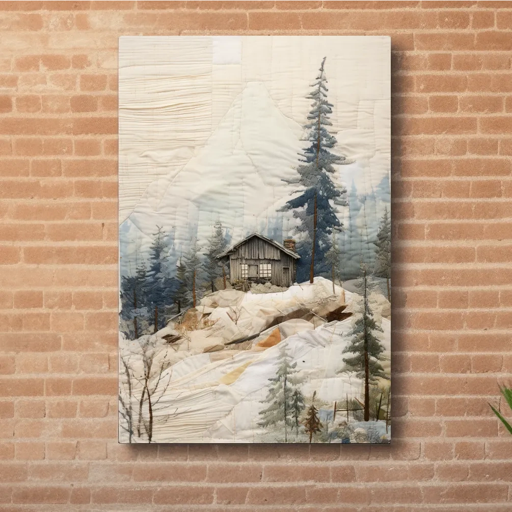 Cabin in the alpine forest, patchwork fabric style mountain wall art