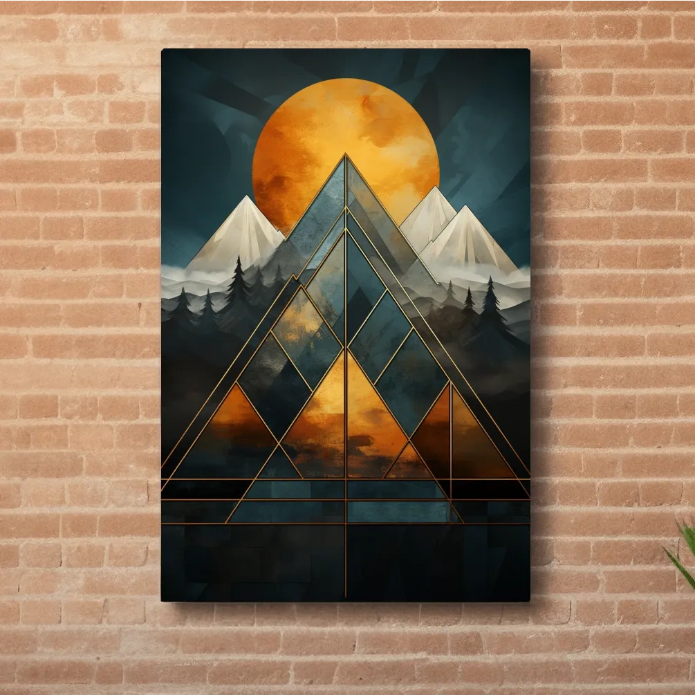 Leadlight style mountain artwork, sunset over glaciers and forest