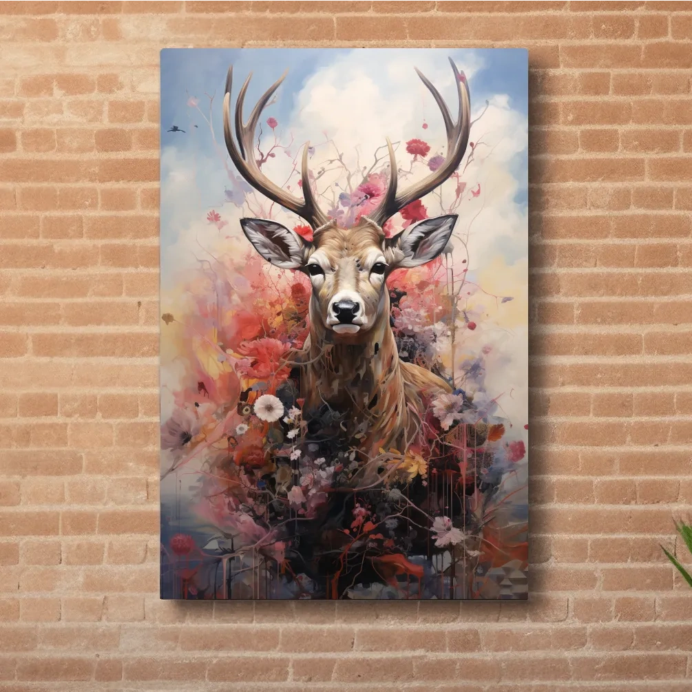 Painting of a deer head wrapped in flowers