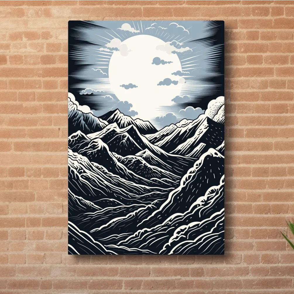 Linocut style mountain art illustration