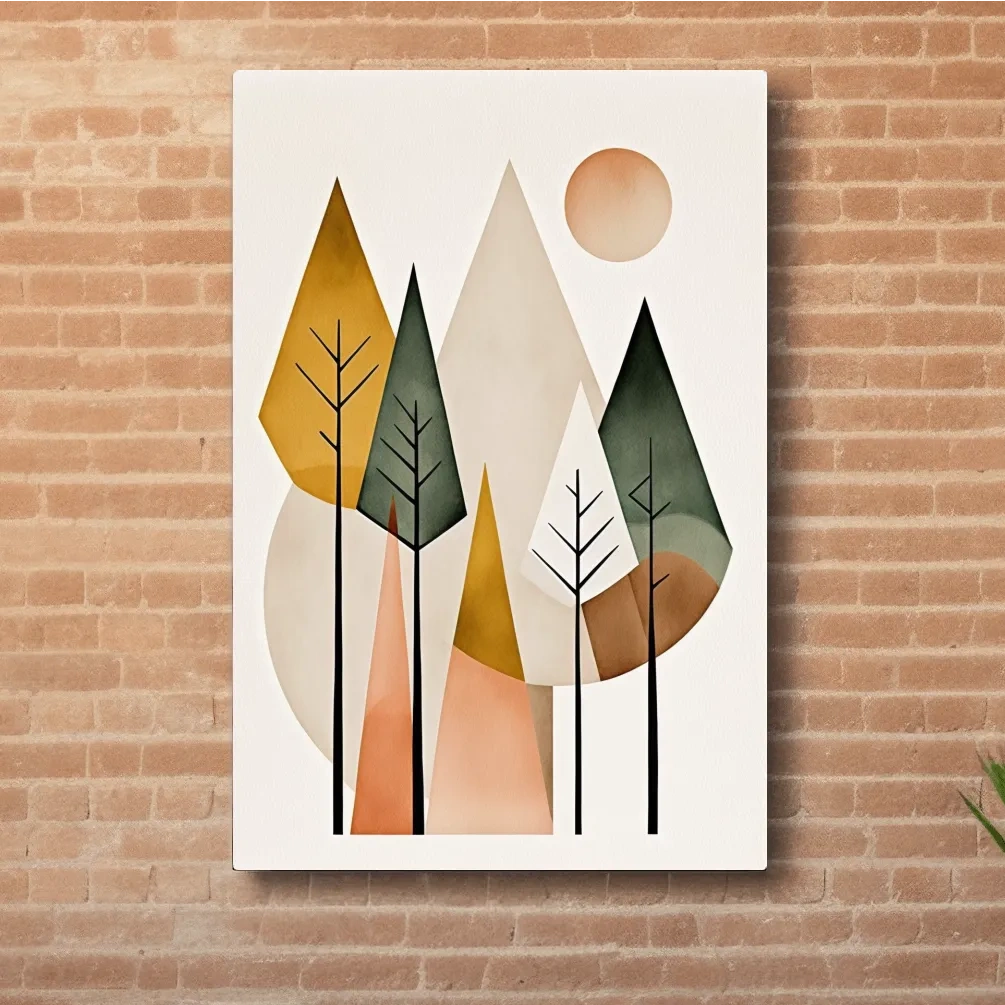 Minimalist Geometric Mountain Forest Artwork - Scandinavian Boho Wall Art