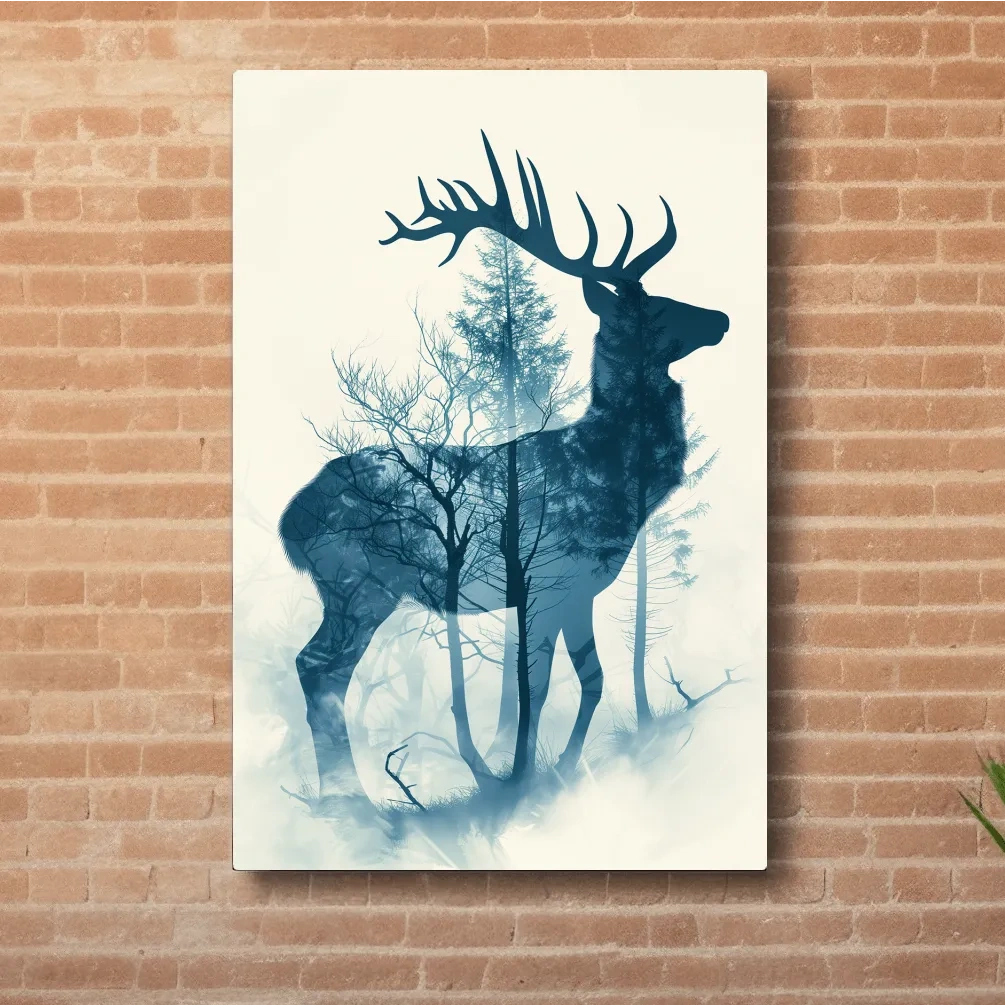 Moody Double Exposure Stag Silhouette - Misty Forest Wildlife Wall Art