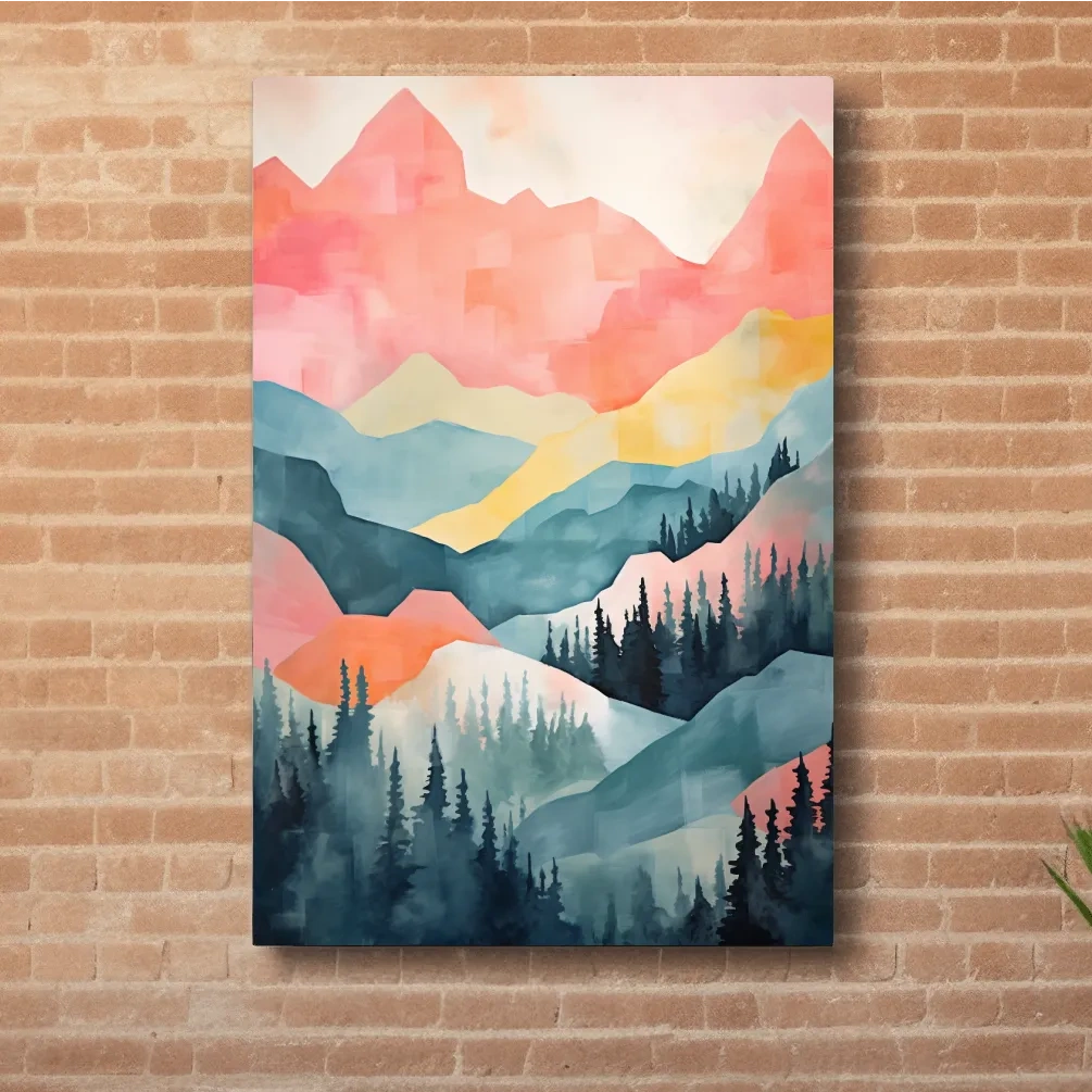 Abstract colorful painting of alpine mountains and trees