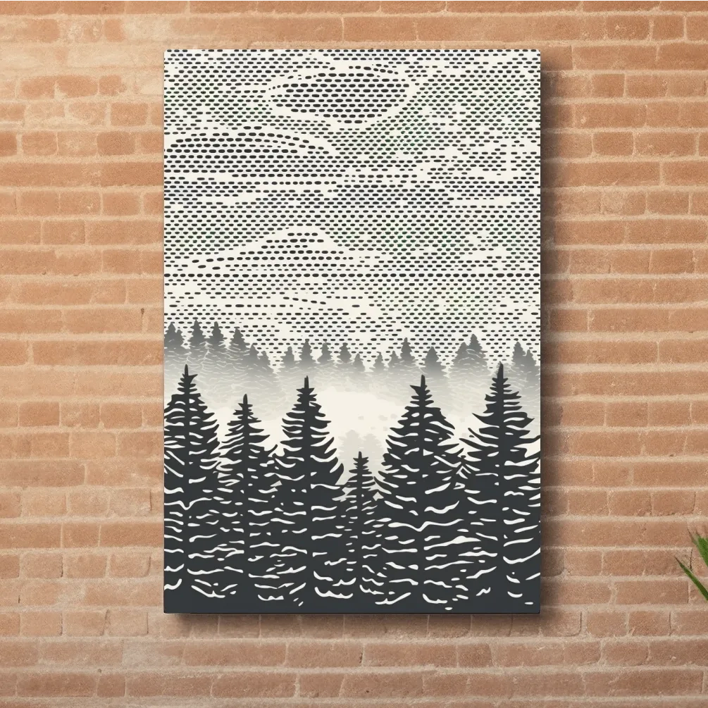 Black & white forest illustration art, dot pattern linocut style