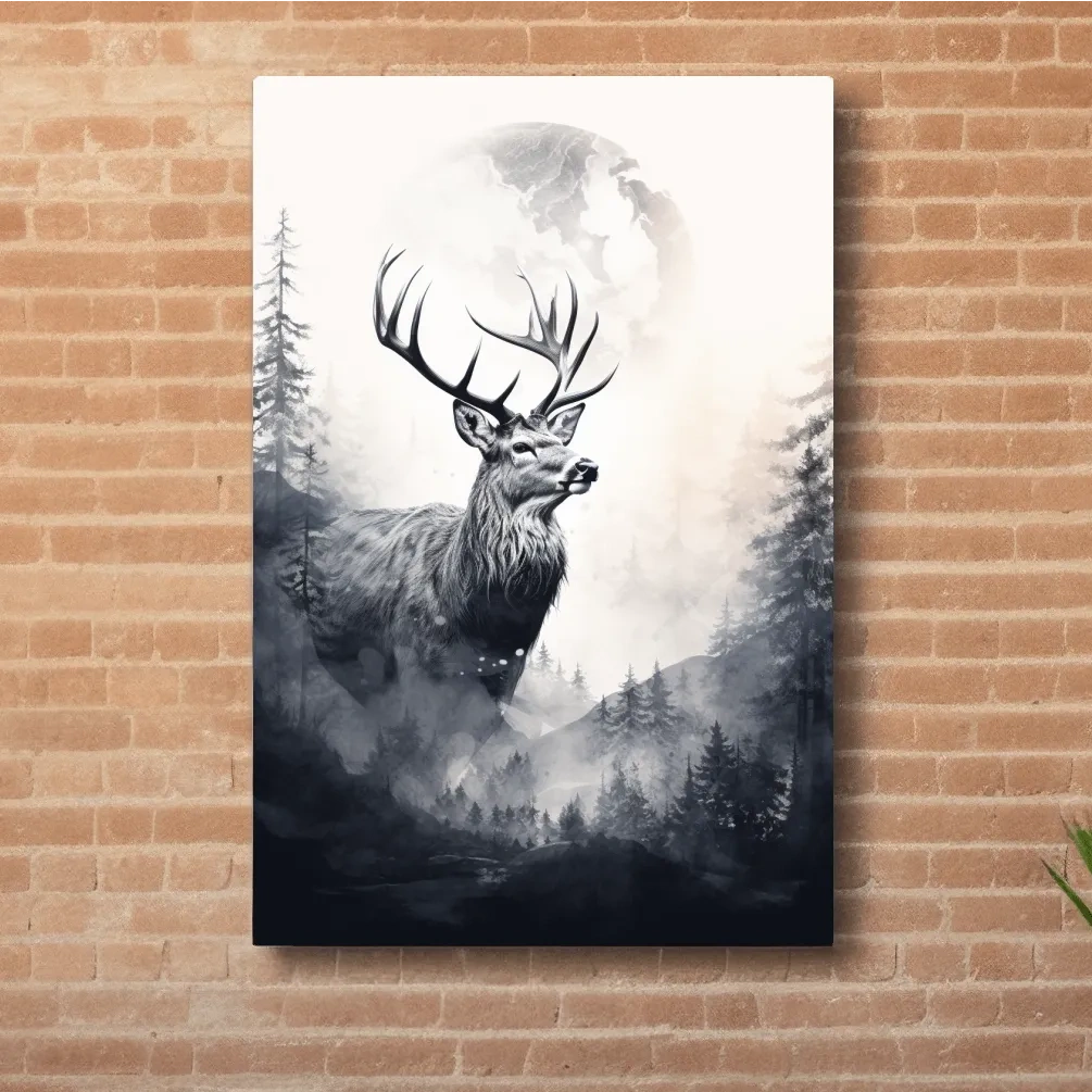 Deer and forest artwork drawing, double exposure style