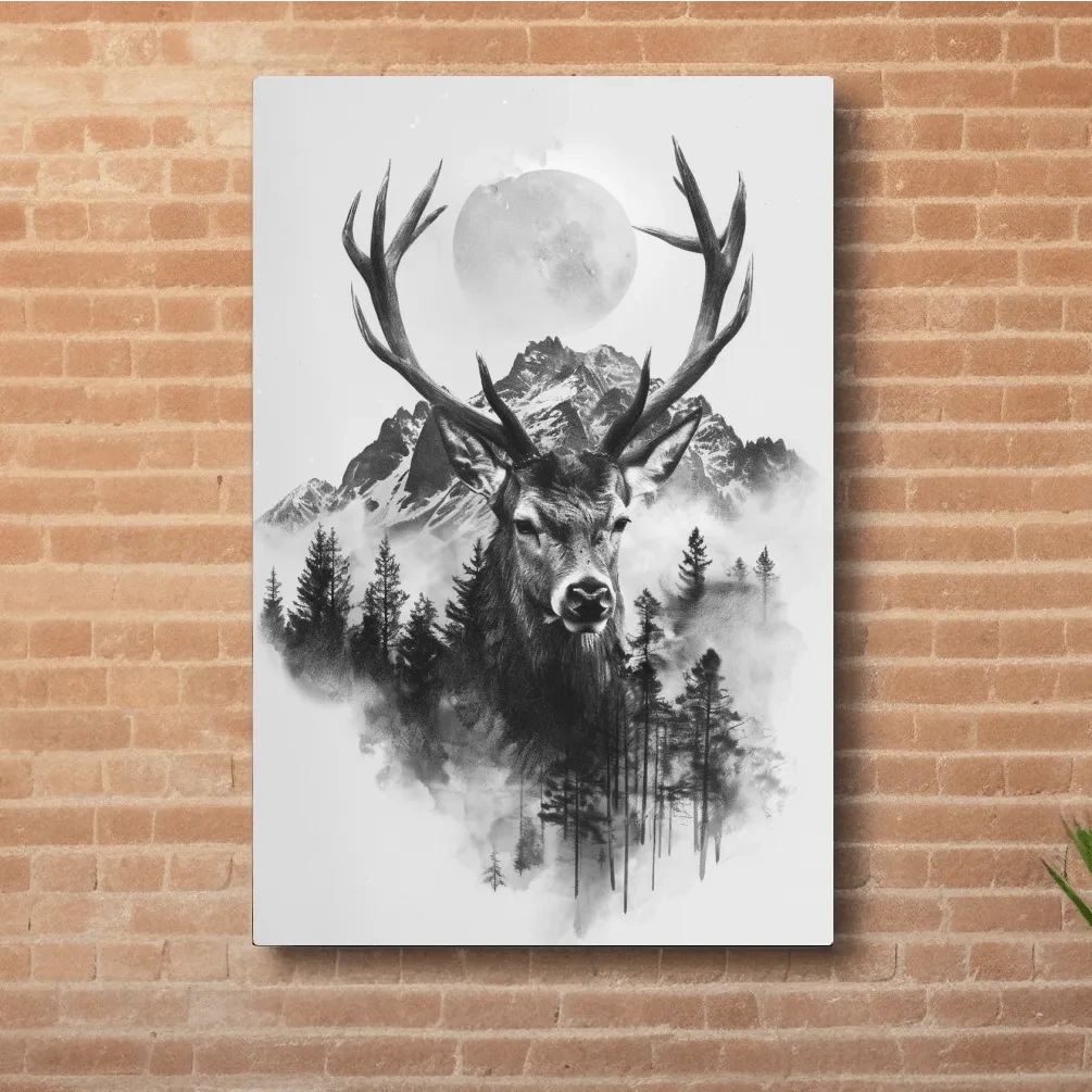 Monochrome Stag Glacier Moon Drawing - Double Exposure Wildlife Wall Art
