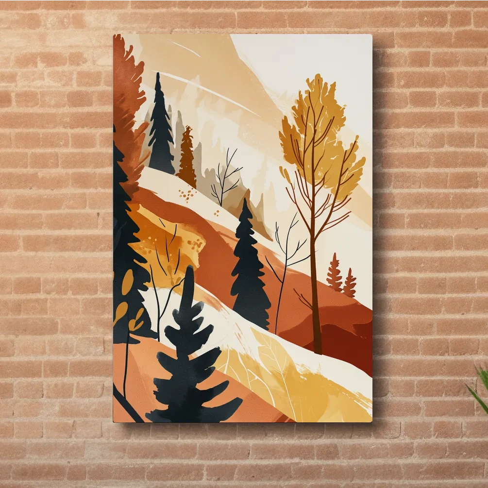 Minimalist Autumn Mountain Forest Landscape - Warm Scandinavian Wall Art