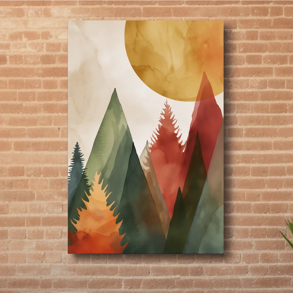 Trees and mountains under the sun, rustic boho watercolour print