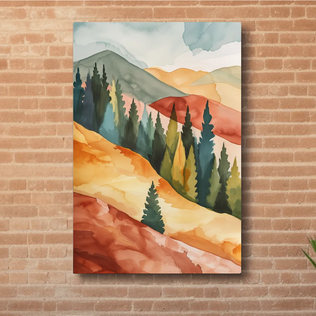 Mountains and forest landscape rustic watercolour painting artwork