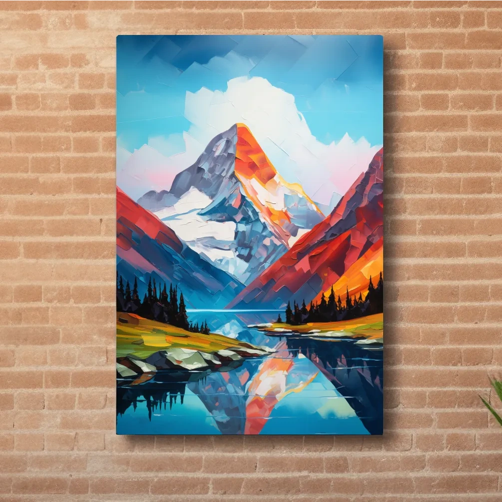 Alpine lake under a glacier, vibrant palette knife style impasto painting