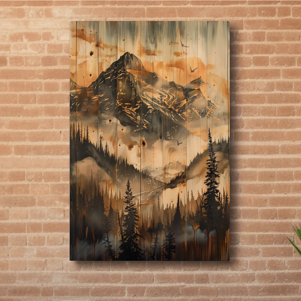 Rustic Woodgrain Mountain Landscape Painting - Sepia Misty Pine Forest Wall Art