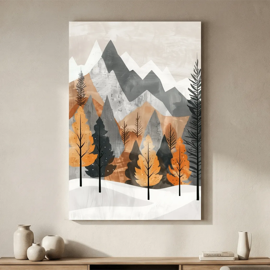 Scandinavian Autumn Mountain Forest Landscape - Minimalist Alpine Wall Art