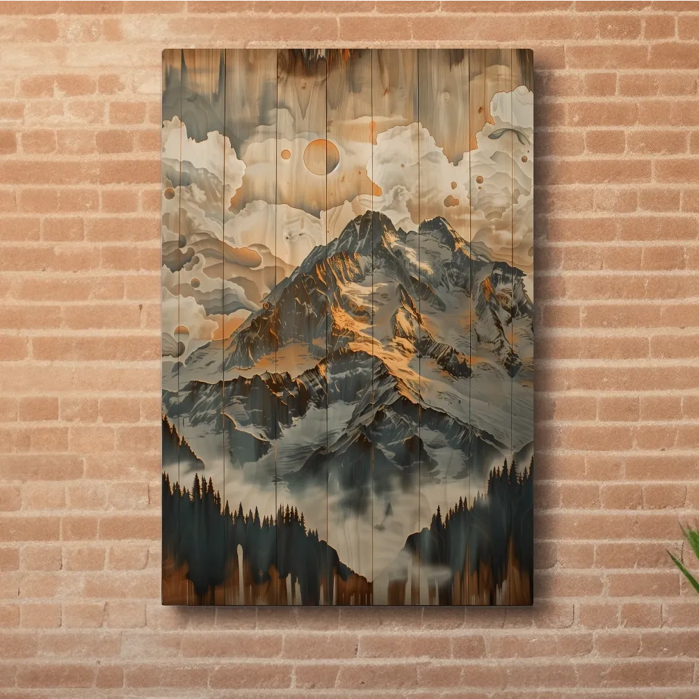 Glacier mountain range wall art, wood panel effect artwork