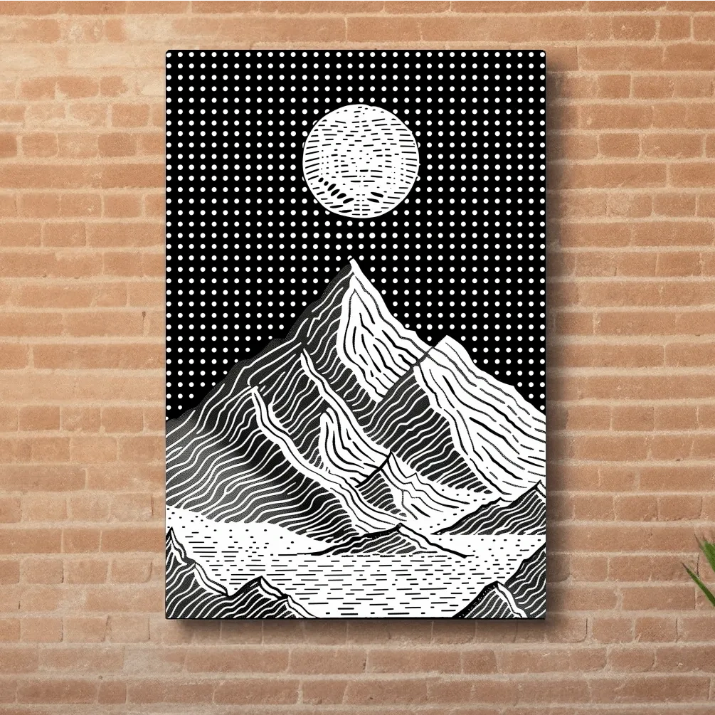 Glacier under the night sky, optical illusion linocut style mountain art