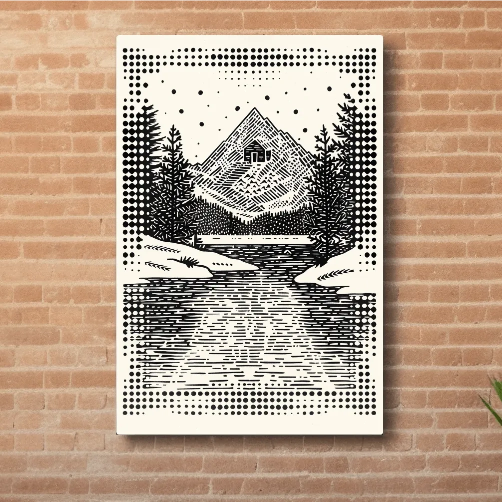 Alpine cabin artwork, linocut style optical illusion art