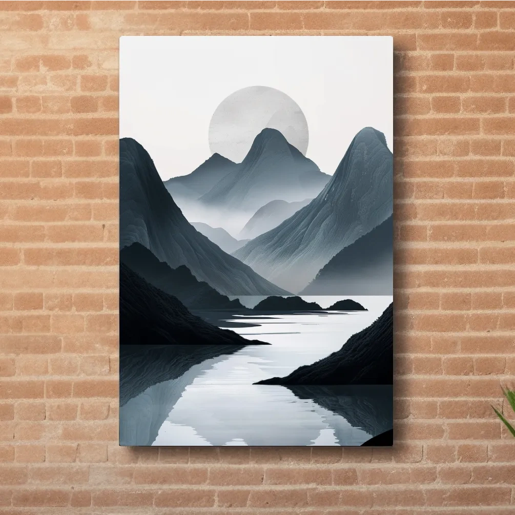 Black & white mountain artwork, view down a foggy valley and lake