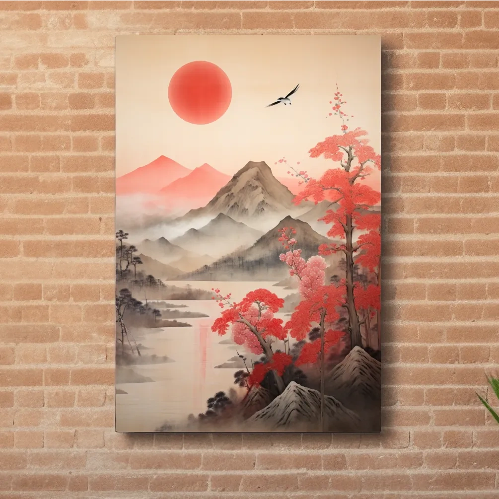 Japanese Ink Wash Mountain Sunrise - Sakura Cherry Blossom Wall Art