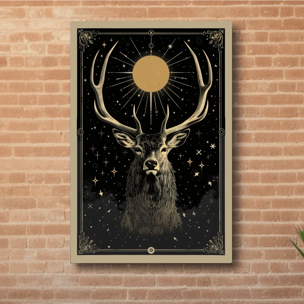 Elegant deer head under the night sky, tarot card style art