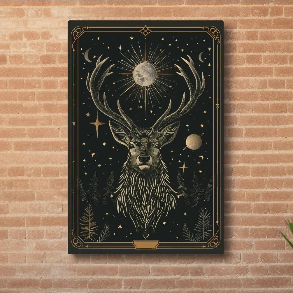 Elegant deer head tarot card style art, planetary solar system