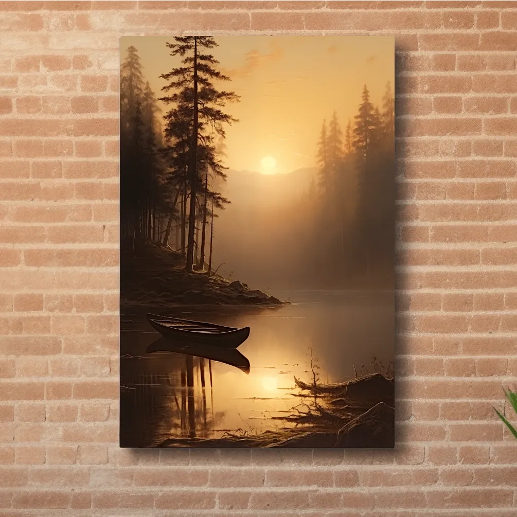 Sunset painting of a canoe on a lake at golden hour