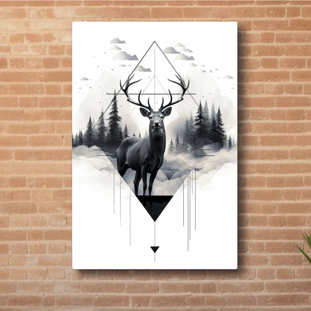 Geometric Monochrome Stag In Misty Pines - Tattoo Inspired Wildlife Wall Art