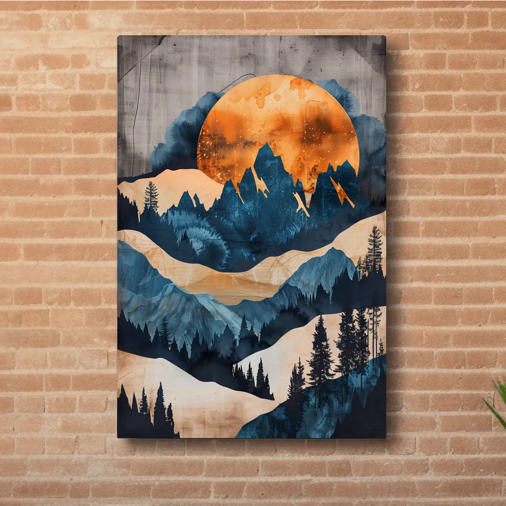 Abstract mountain and forest artwork at sunset, mixed media watercolor style art