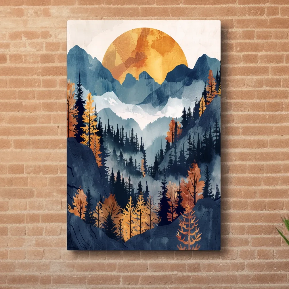 Foggy forest artwork, sunset over the mountains, textured watercolor style painting