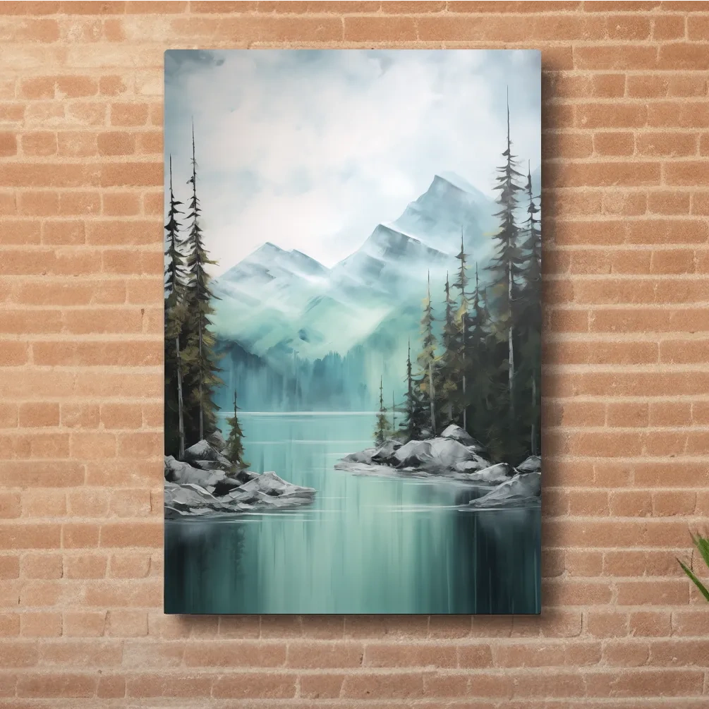 Painting of a turquoise lake in the alpine