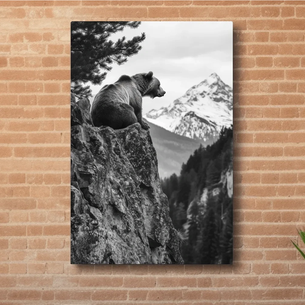 Grizzly bear taking in a mountain view, photographic wildlife wall art