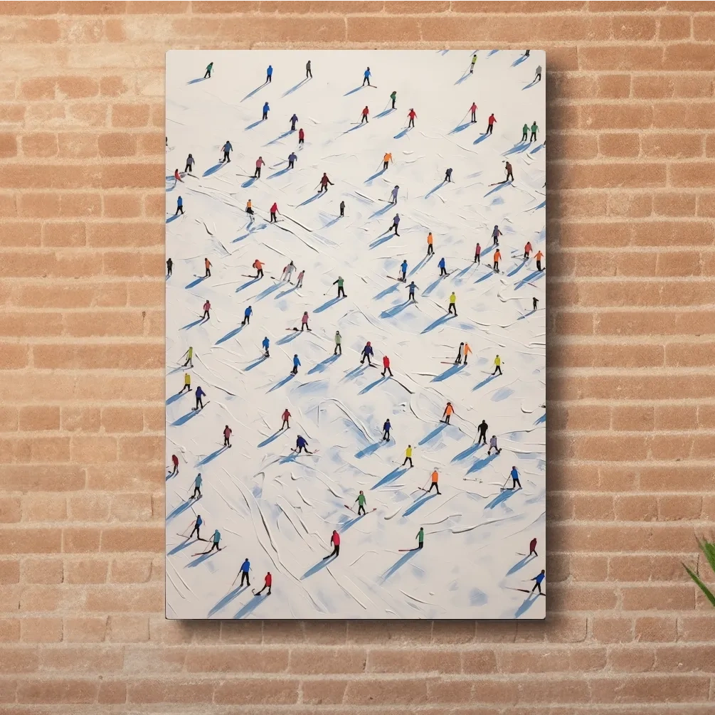 Lots of little skiers in a ski resort, textured painting effect