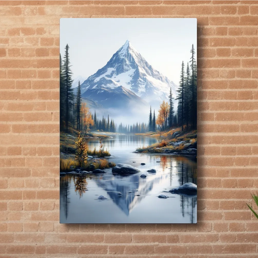 Lake beneath a glacier in the alpine meadows in fall, mountain wall art