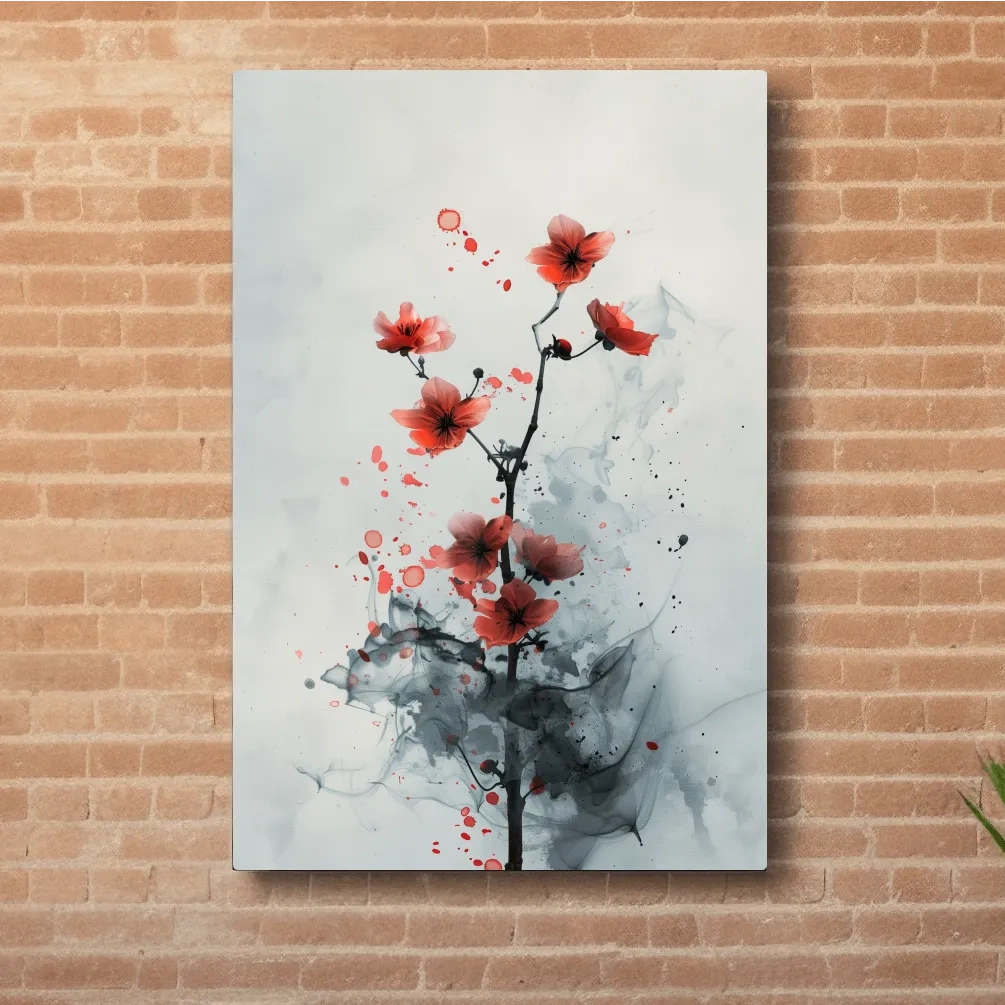 Red Cherry Blossom Ink Wash Painting - Minimalist Floral Wall Art