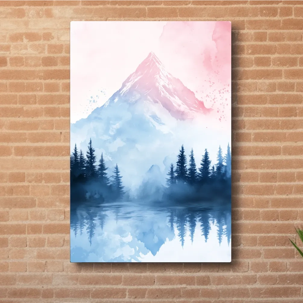 Pastel mountain watercolor painting, foggy forest by an alpine lake