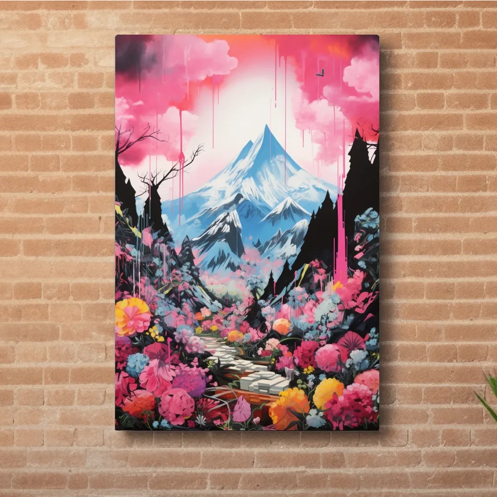 Energetic illustration of pink alpine flowers by a glacier