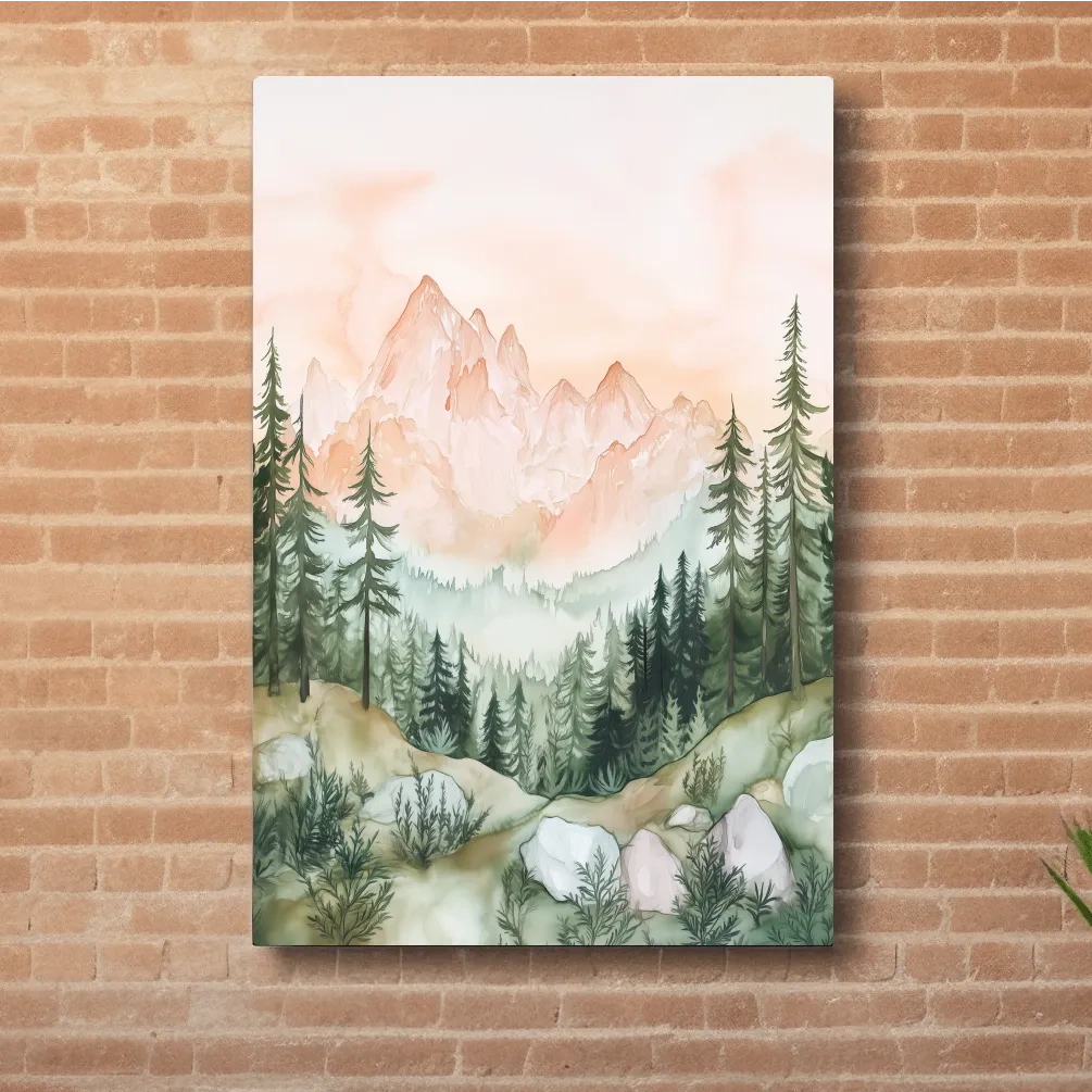 Alpine mountain forest watercolour painting wall art, pastel colors