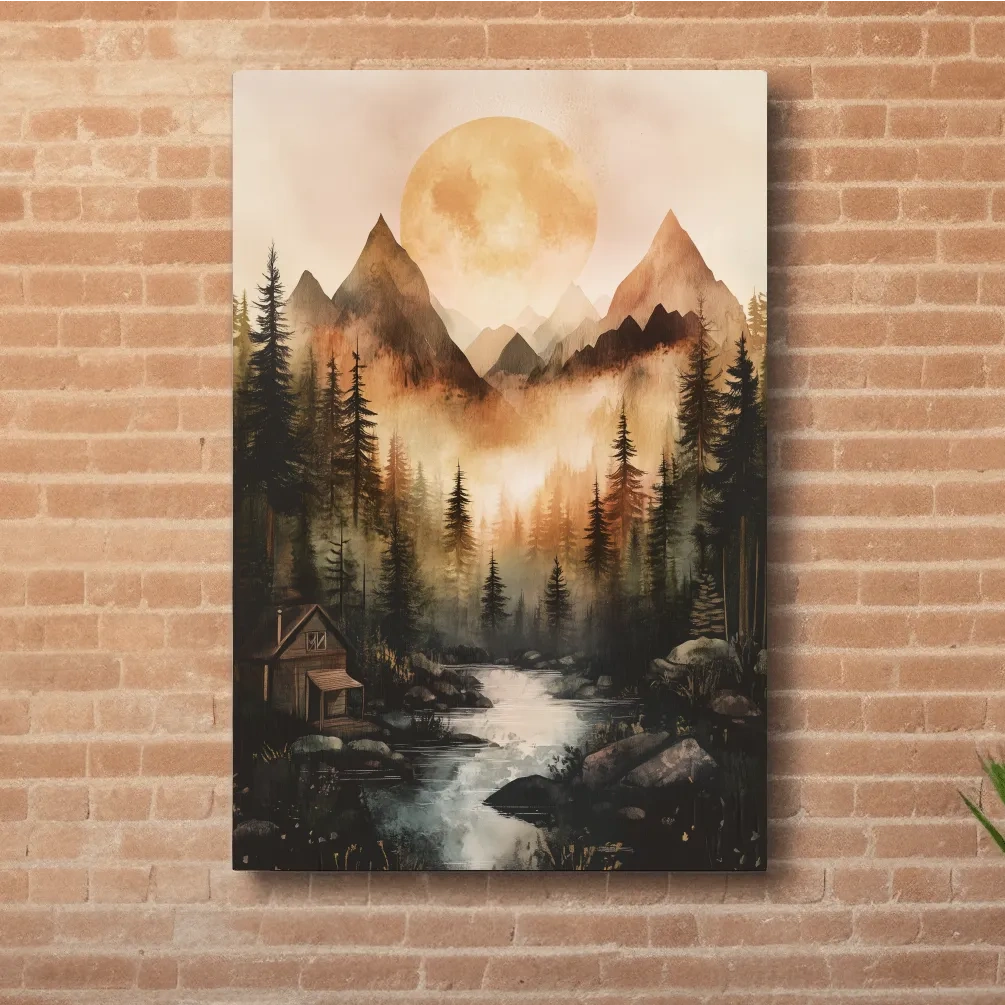 Alpine lake cabin painting, rustic watercolor effect, forest and mountains