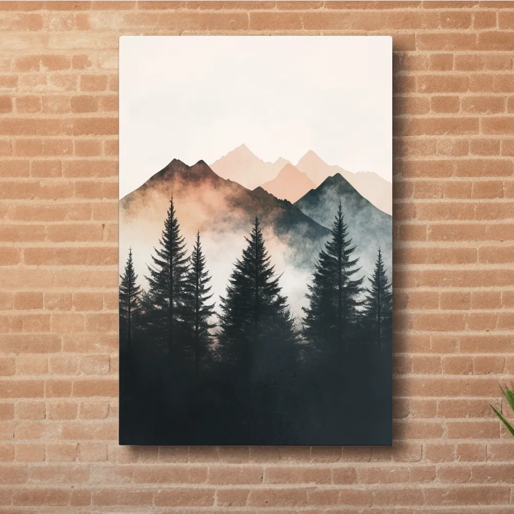Foggy alpine forest watercolor painting, mountain art
