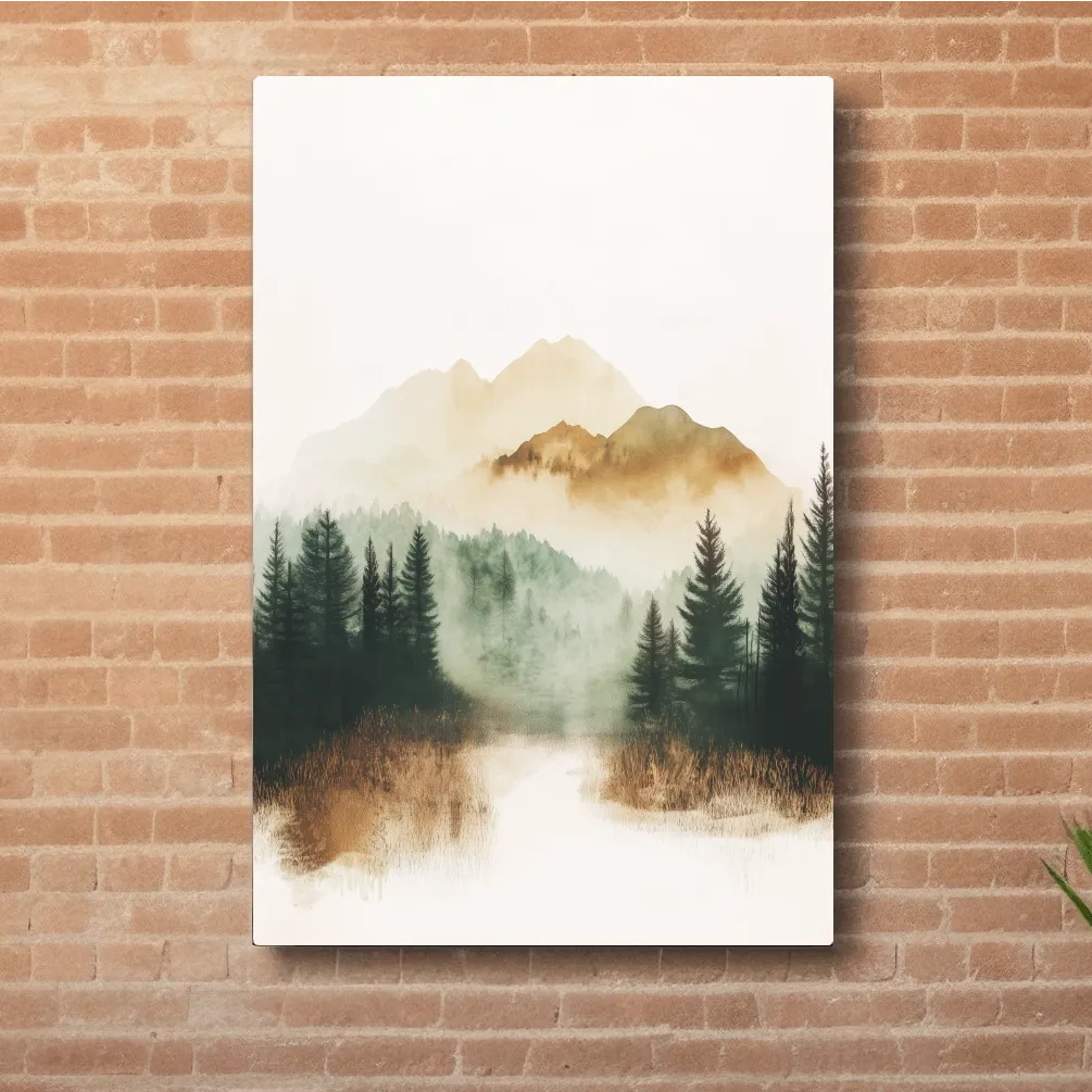Foggy alpine forest painting, minimal watercolor wall art