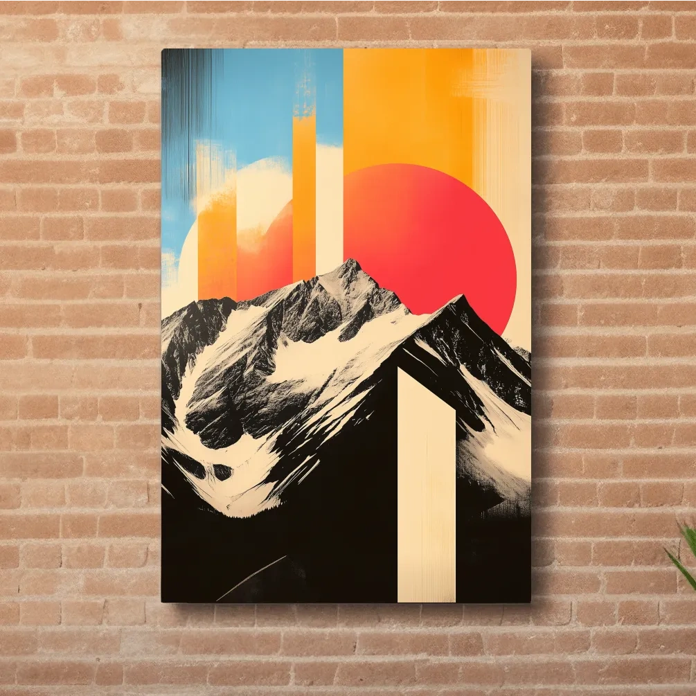 Retro Snowcapped Mountain Sunset Collage - Modern Geometric Landscape Wall Art