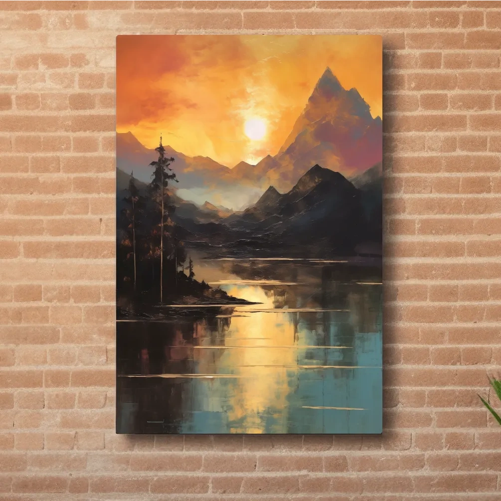 Sunrise mountain lake artwork, oil painting print wall art