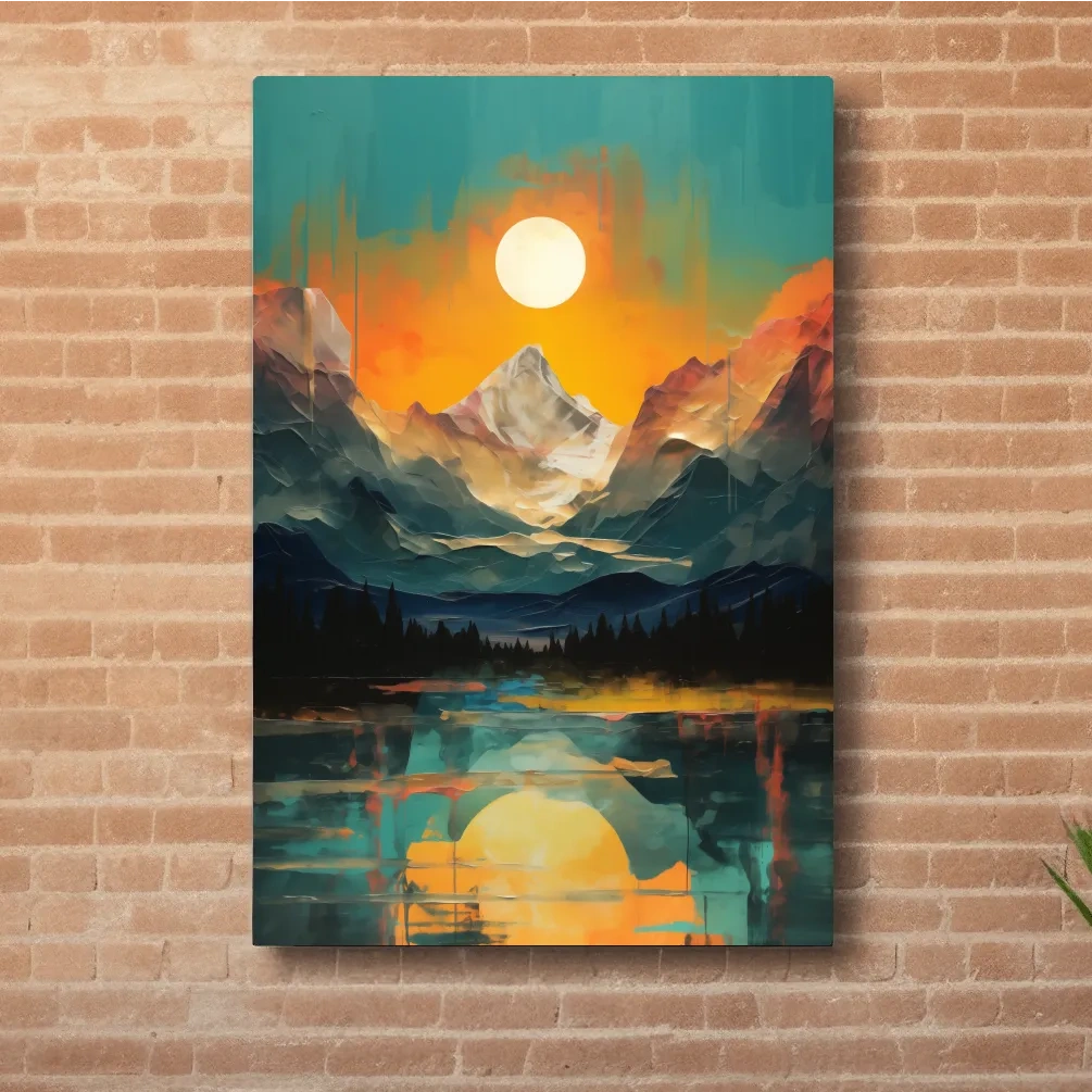 Oil painting artwork print of a mountain scene at sunset