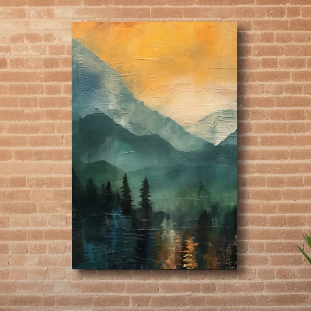 Rustic Misty Mountain Lake Reflection - Textured Watercolor Sunset Wall Art