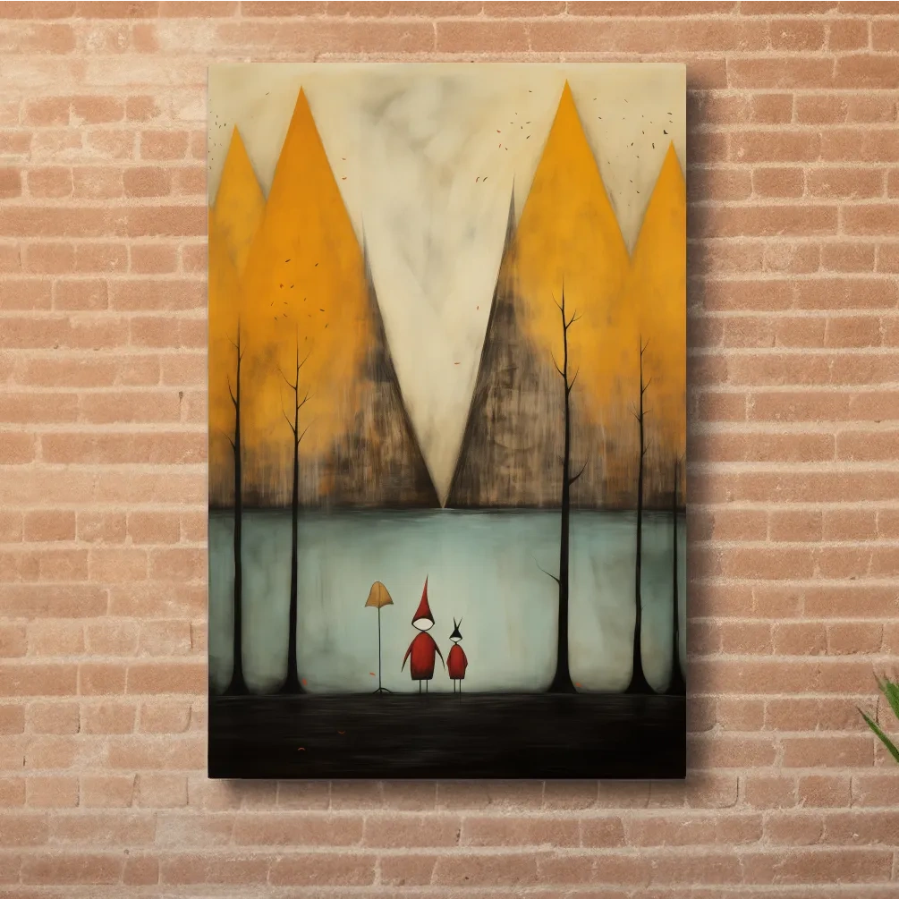 Quirky painting of people by a lakeside mountain scene in fall, whimsical forest scene artwork