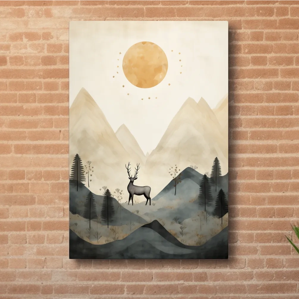 Boho Deer In Misty Mountains - Woodland Landscape Wall Art