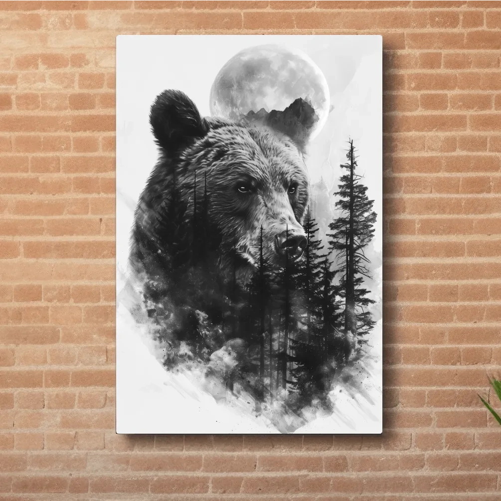 Drawing artwork of a bear, forest and moon, double exposure charcoal drawing style
