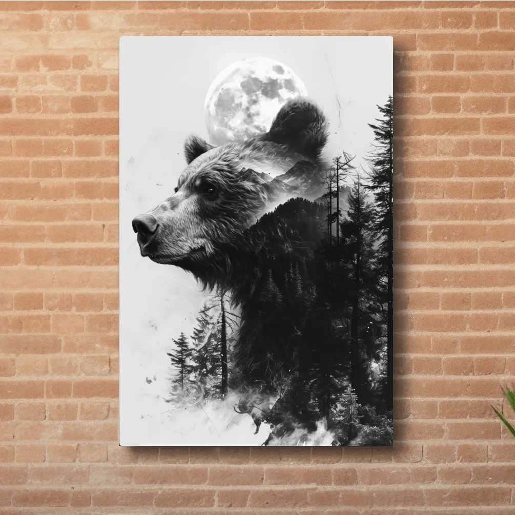 Double exposure style drawing artwork of a bear, forest, glacier and moon